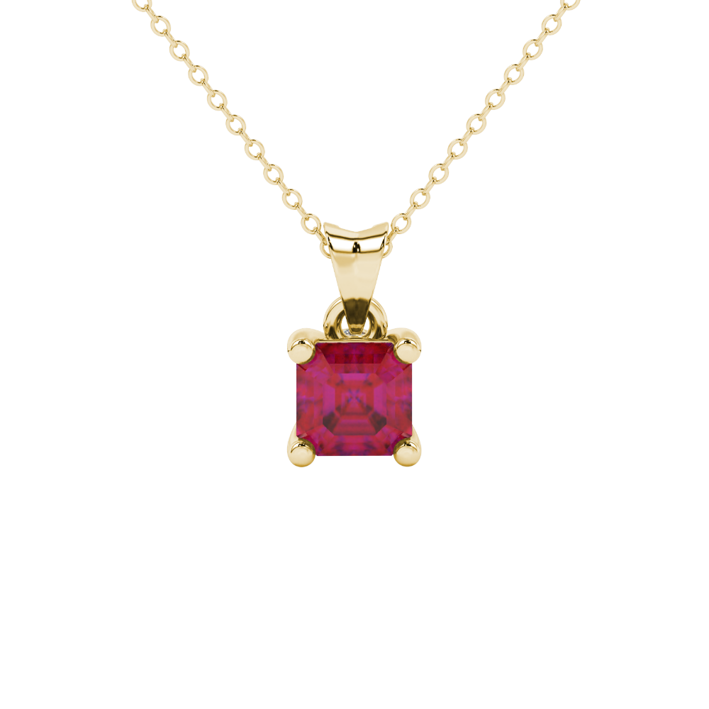Red Asscher cut solitaire pendant in gold featuring a 5.00 MM gemstone in a four-prong basket setting