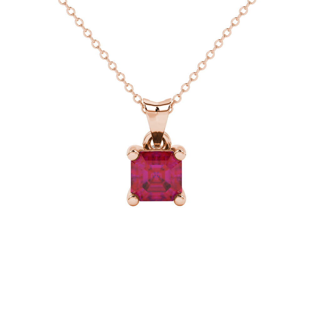 Red Asscher cut solitaire pendant in gold featuring a 5.00 MM gemstone in a four-prong basket setting