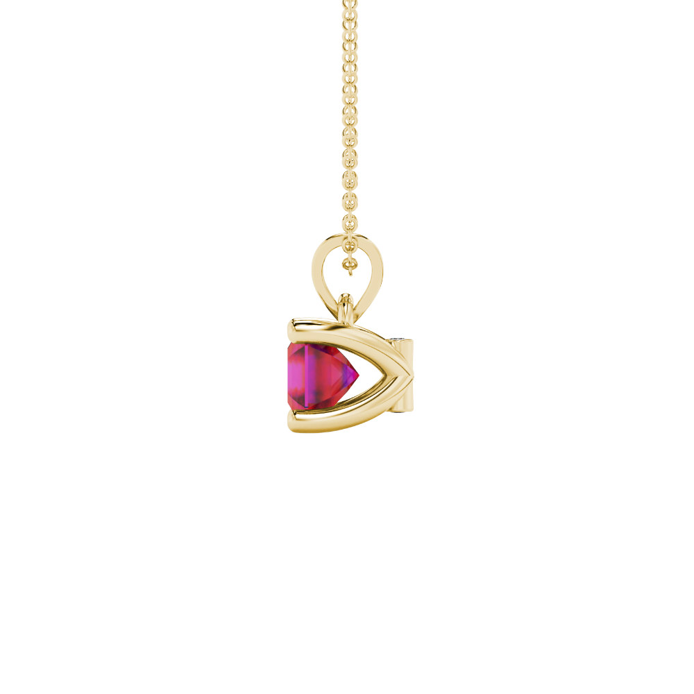 Red Asscher cut solitaire pendant in gold featuring a 5.00 MM gemstone in a four-prong basket setting