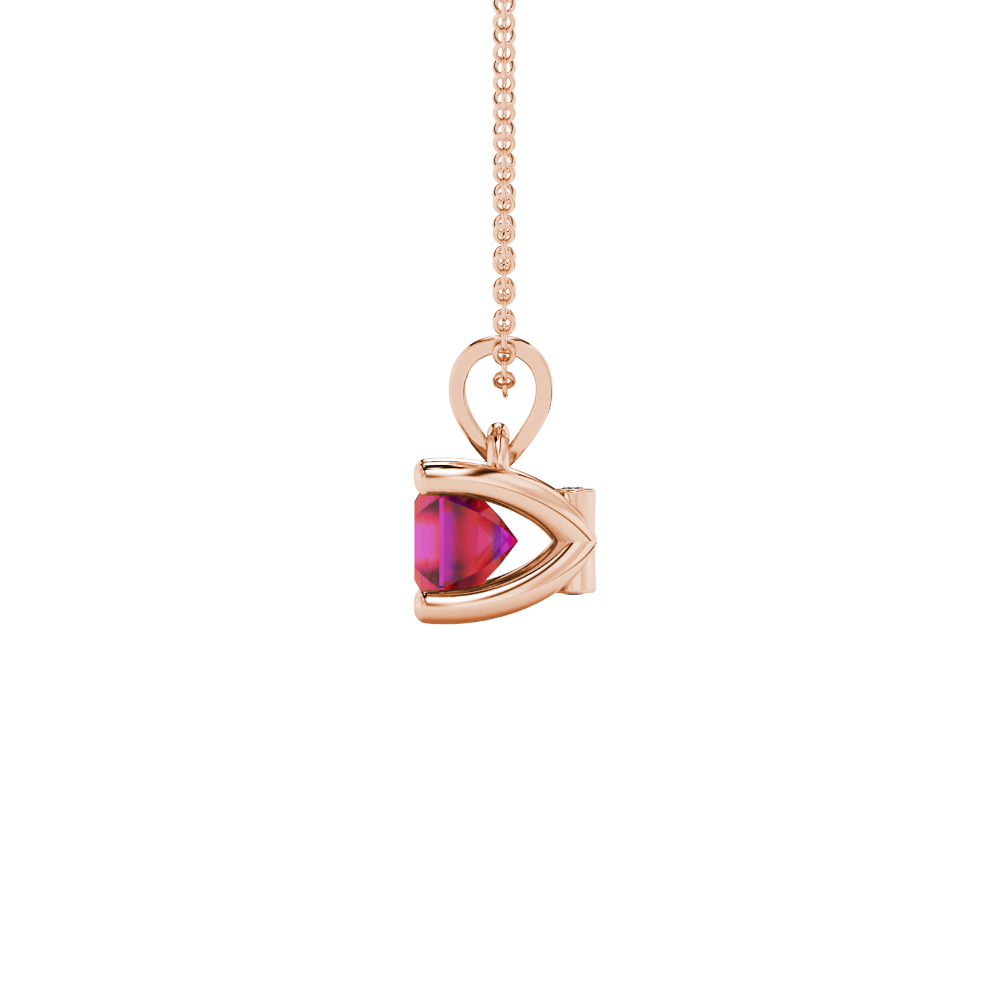 Red Asscher cut solitaire pendant in gold featuring a 5.00 MM gemstone in a four-prong basket setting