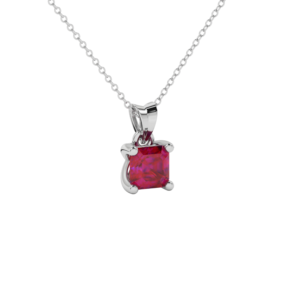 Red Asscher cut solitaire pendant in gold featuring a 5.00 MM gemstone in a four-prong basket setting