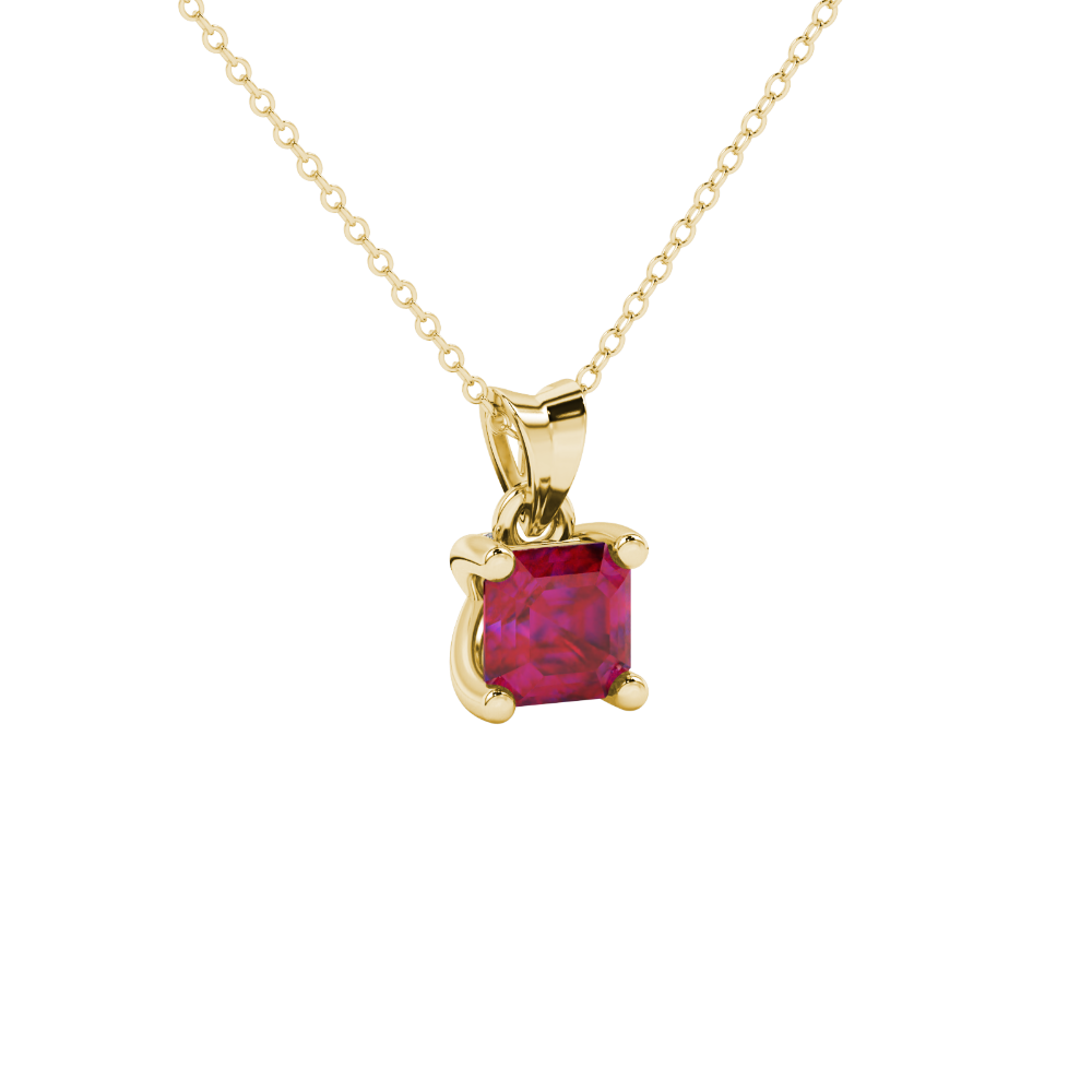 Red Asscher cut solitaire pendant in gold featuring a 5.00 MM gemstone in a four-prong basket setting