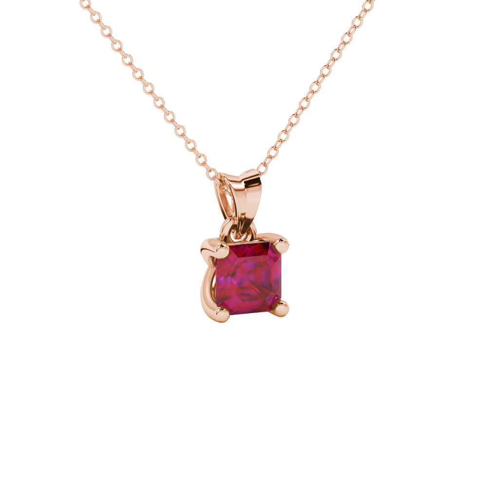 Red Asscher cut solitaire pendant in gold featuring a 5.00 MM gemstone in a four-prong basket setting