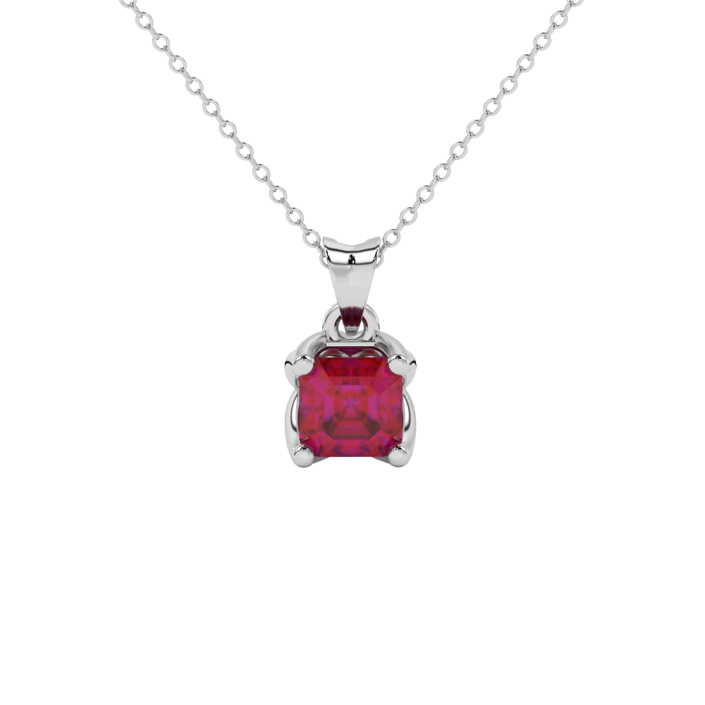 Red Asscher cut solitaire pendant in gold featuring a 5.00 MM gemstone in a floral-inspired four-prong petal setting