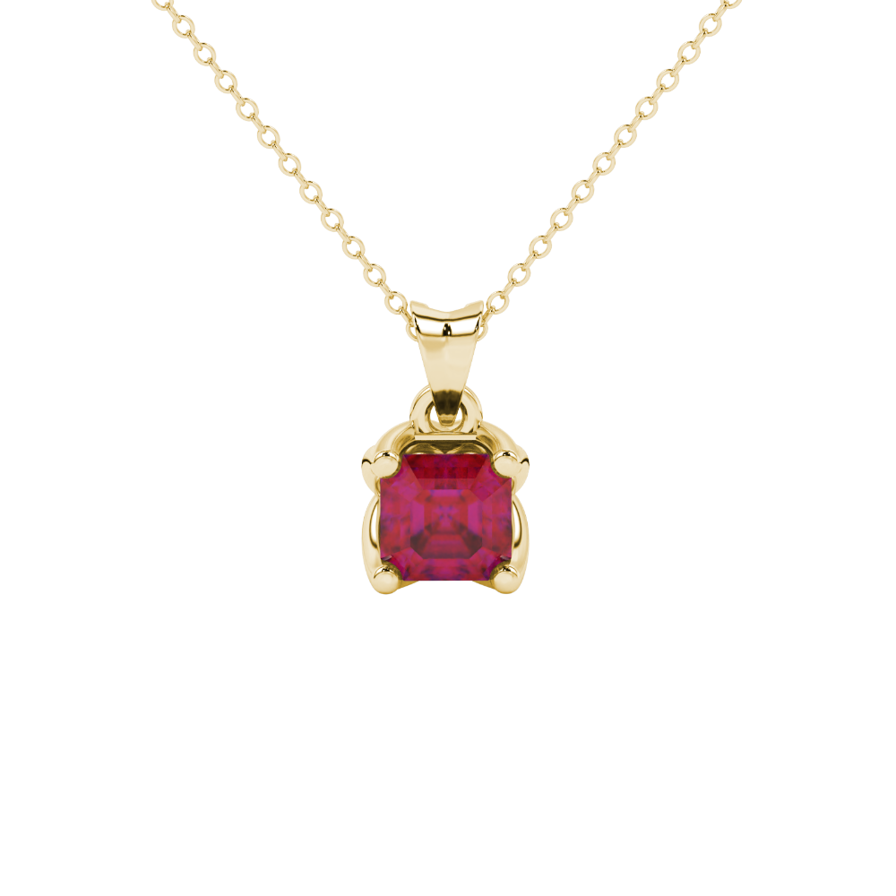 Red Asscher cut solitaire pendant in gold featuring a 5.00 MM gemstone in a floral-inspired four-prong petal setting