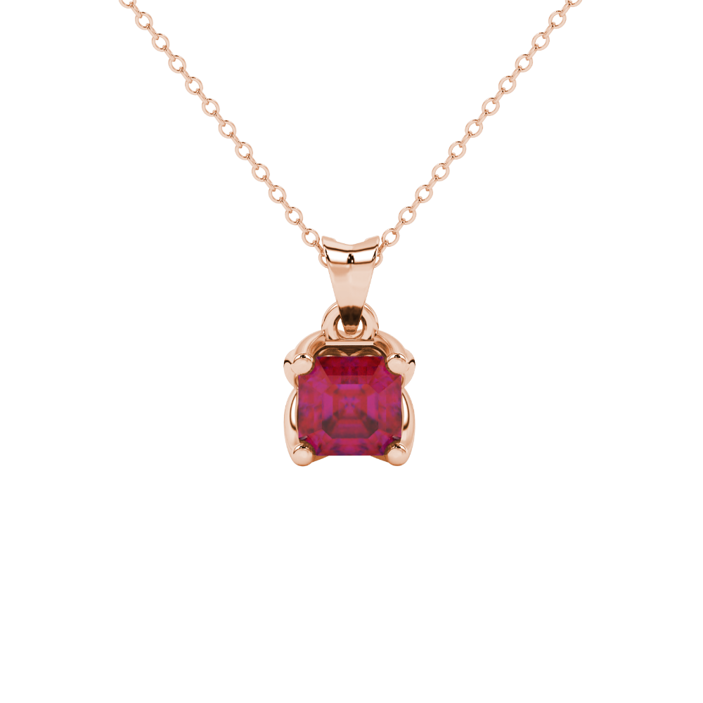 Red Asscher cut solitaire pendant in gold featuring a 5.00 MM gemstone in a floral-inspired four-prong petal setting