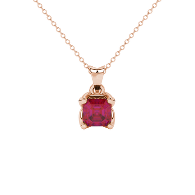 Red Asscher cut solitaire pendant in gold featuring a 5.00 MM gemstone in a floral-inspired four-prong petal setting