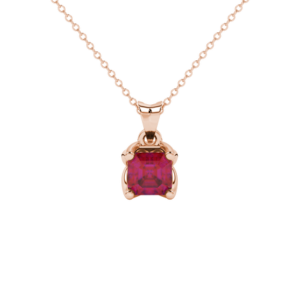 Red Asscher cut solitaire pendant in gold featuring a 5.00 MM gemstone in a floral-inspired four-prong petal setting