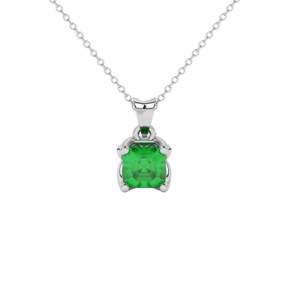 Green Asscher cut solitaire pendant in gold featuring a 5.00 MM gemstone in a floral-inspired four-prong petal setting