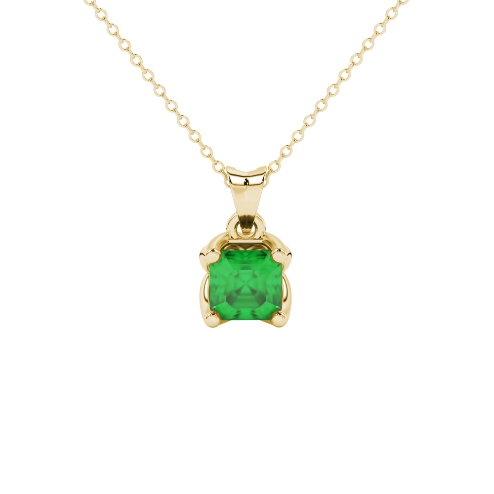 Green Asscher cut solitaire pendant in gold featuring a 5.00 MM gemstone in a floral-inspired four-prong petal setting