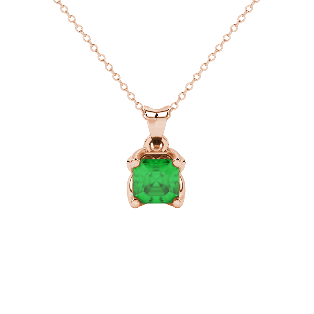 Green Asscher cut solitaire pendant in gold featuring a 5.00 MM gemstone in a floral-inspired four-prong petal setting