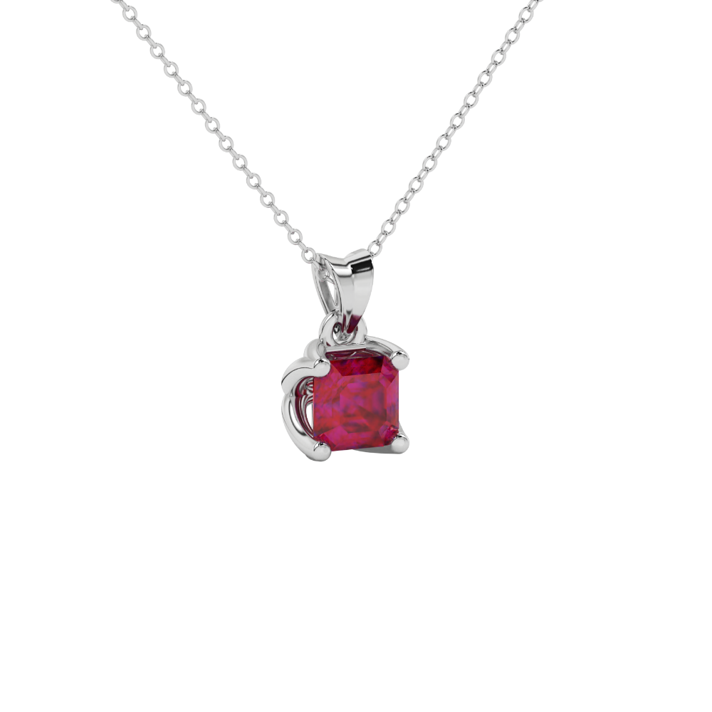 Red Asscher cut solitaire pendant in gold featuring a 5.00 MM gemstone in a floral-inspired four-prong petal setting