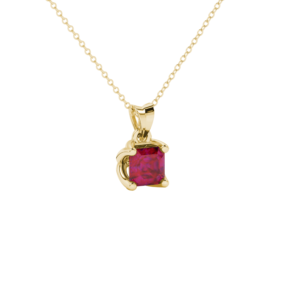 Red Asscher cut solitaire pendant in gold featuring a 5.00 MM gemstone in a floral-inspired four-prong petal setting
