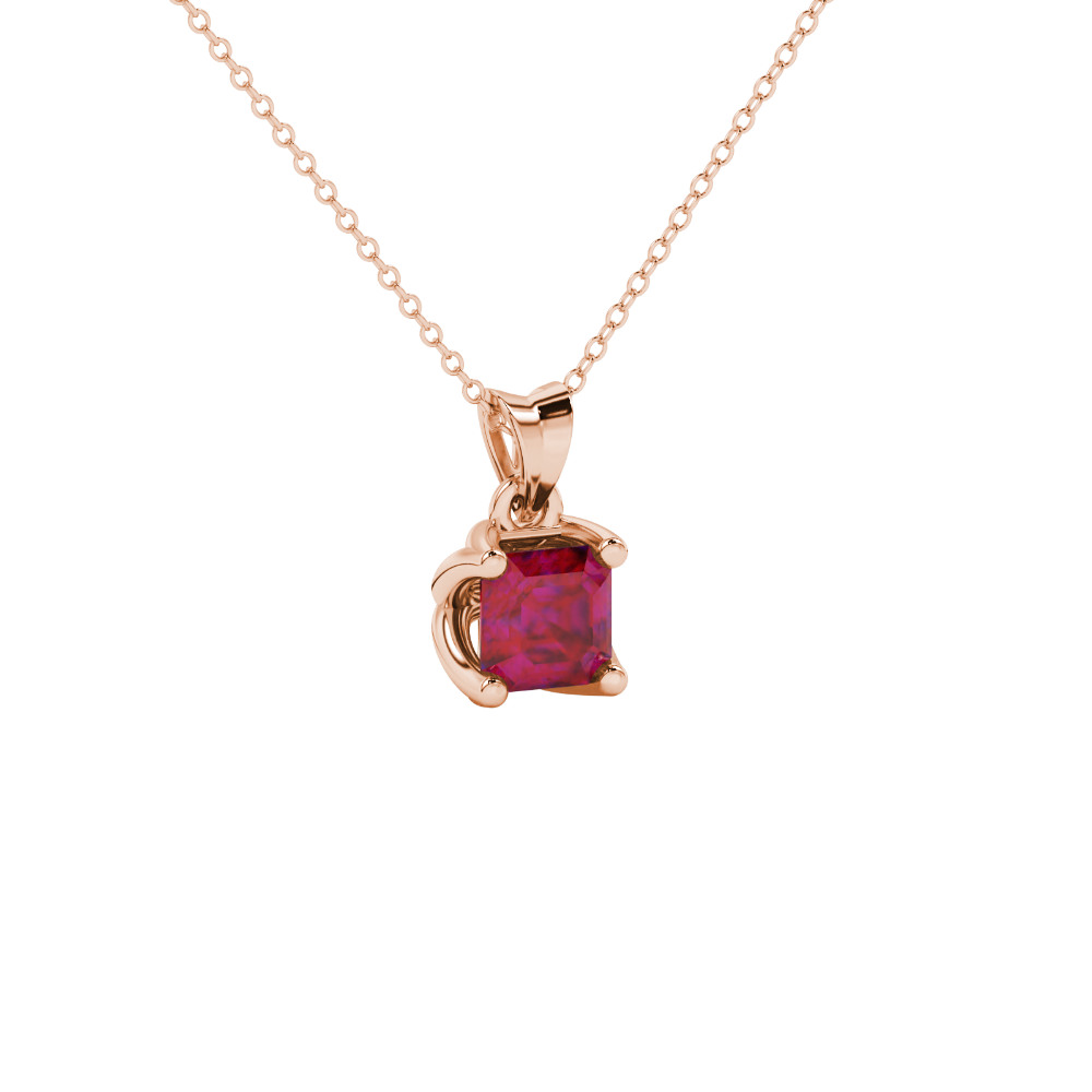 Red Asscher cut solitaire pendant in gold featuring a 5.00 MM gemstone in a floral-inspired four-prong petal setting
