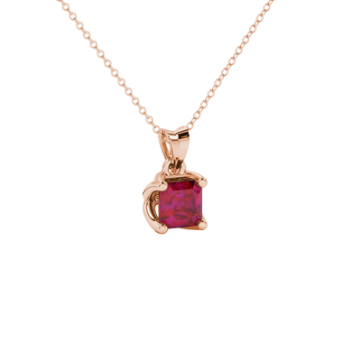 Red Asscher cut solitaire pendant in gold featuring a 5.00 MM gemstone in a floral-inspired four-prong petal setting