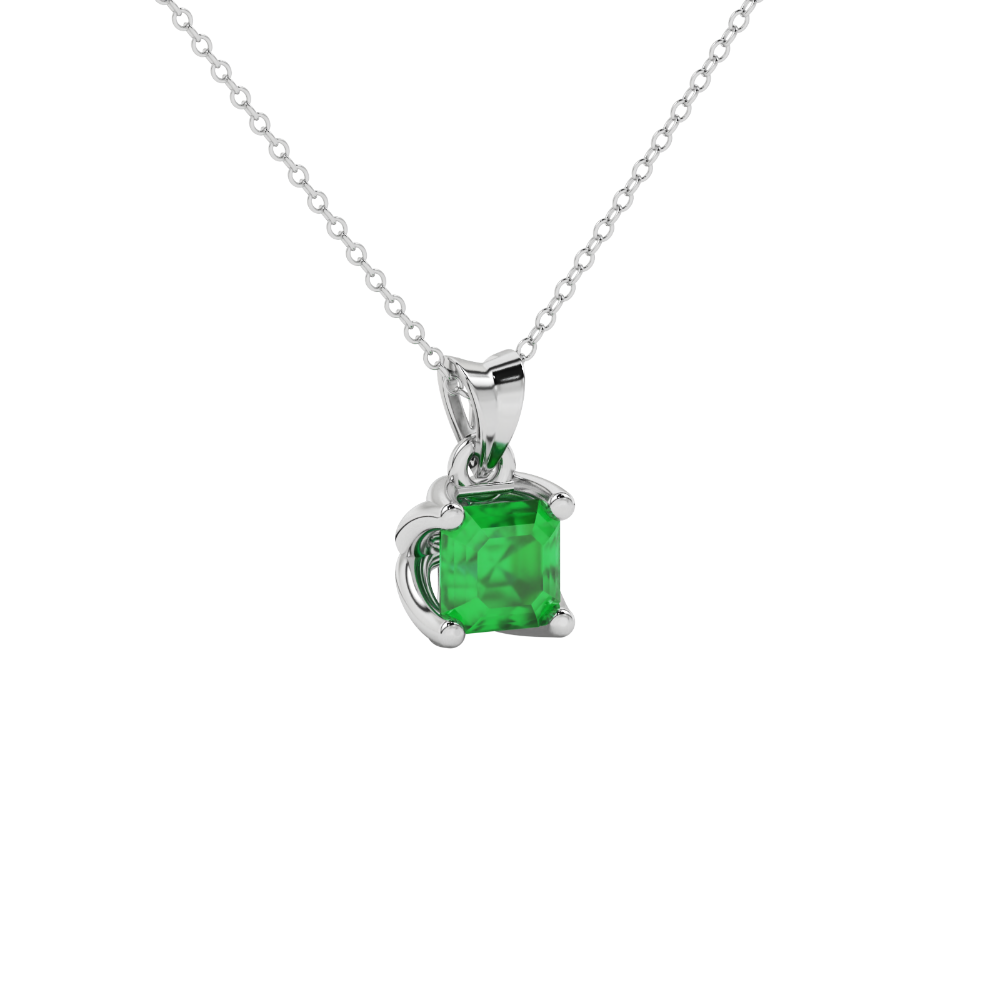 Green Asscher cut solitaire pendant in gold featuring a 5.00 MM gemstone in a floral-inspired four-prong petal setting