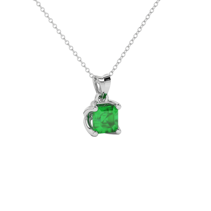 Green Asscher cut solitaire pendant in gold featuring a 5.00 MM gemstone in a floral-inspired four-prong petal setting
