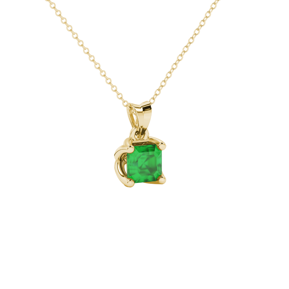 Green Asscher cut solitaire pendant in gold featuring a 5.00 MM gemstone in a floral-inspired four-prong petal setting