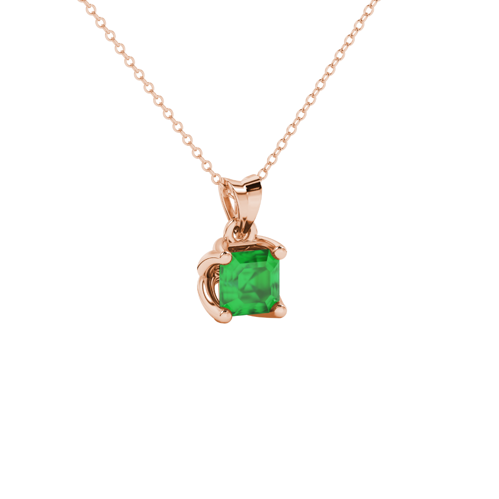 Green Asscher cut solitaire pendant in gold featuring a 5.00 MM gemstone in a floral-inspired four-prong petal setting