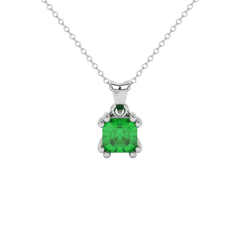 Green Asscher cut gemstone pendant in gold featuring a crown-inspired eight-prong solitaire setting