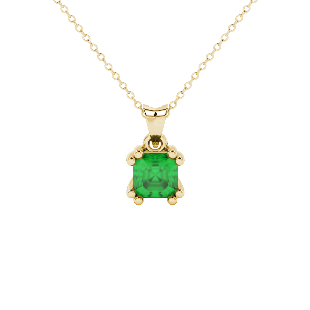 Green Asscher cut gemstone pendant in gold featuring a crown-inspired eight-prong solitaire setting