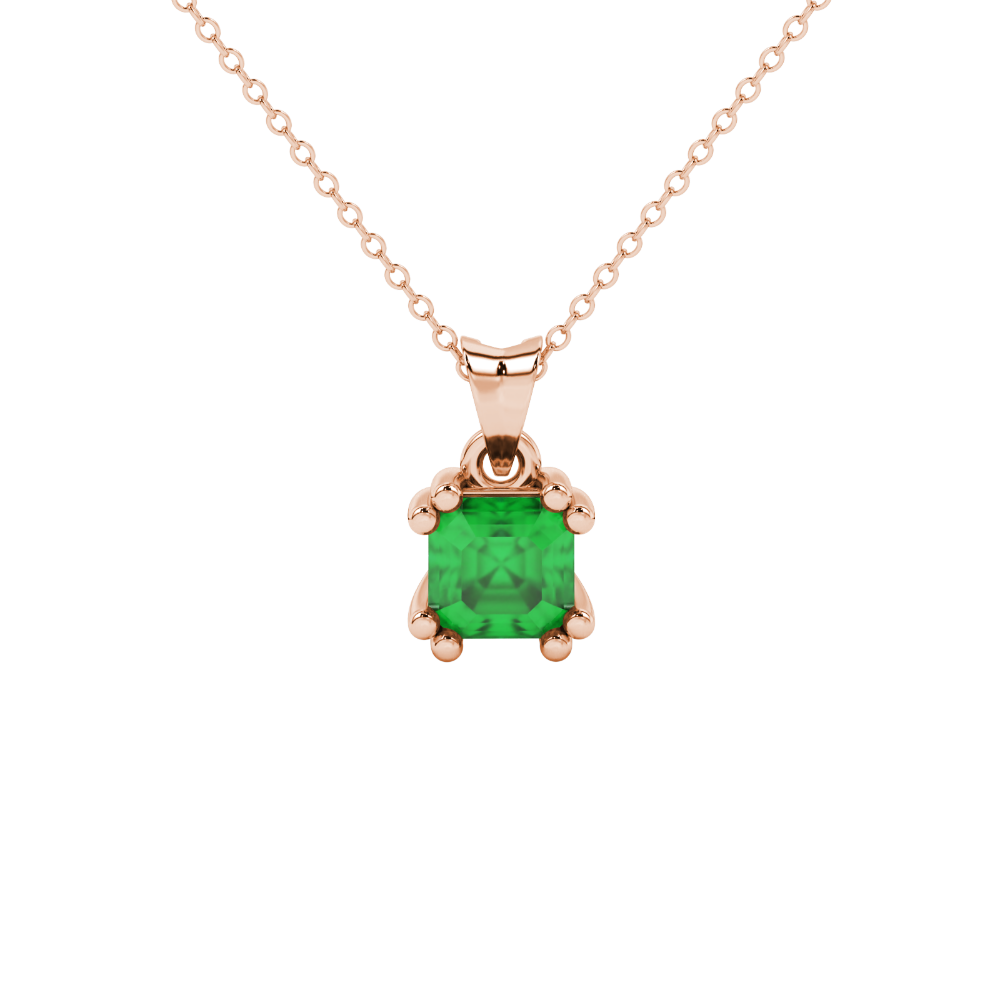 Green Asscher cut gemstone pendant in gold featuring a crown-inspired eight-prong solitaire setting