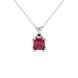 Red Asscher cut gemstone pendant in gold featuring a crown-inspired eight-prong solitaire setting