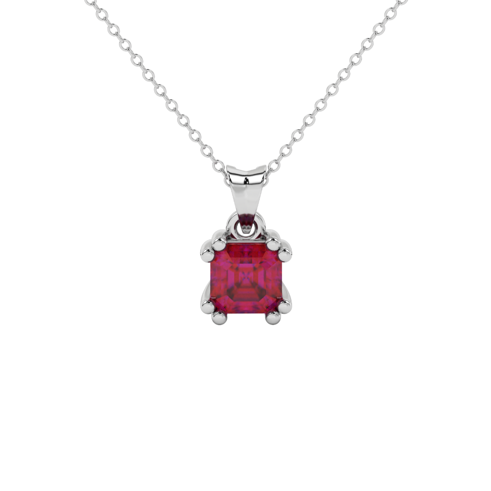 Red Asscher cut gemstone pendant in gold featuring a crown-inspired eight-prong solitaire setting