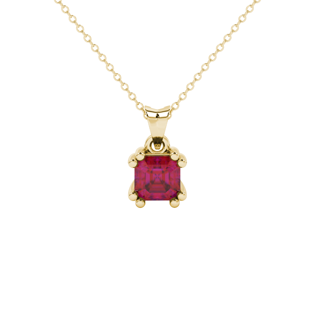 Red Asscher cut gemstone pendant in gold featuring a crown-inspired eight-prong solitaire setting