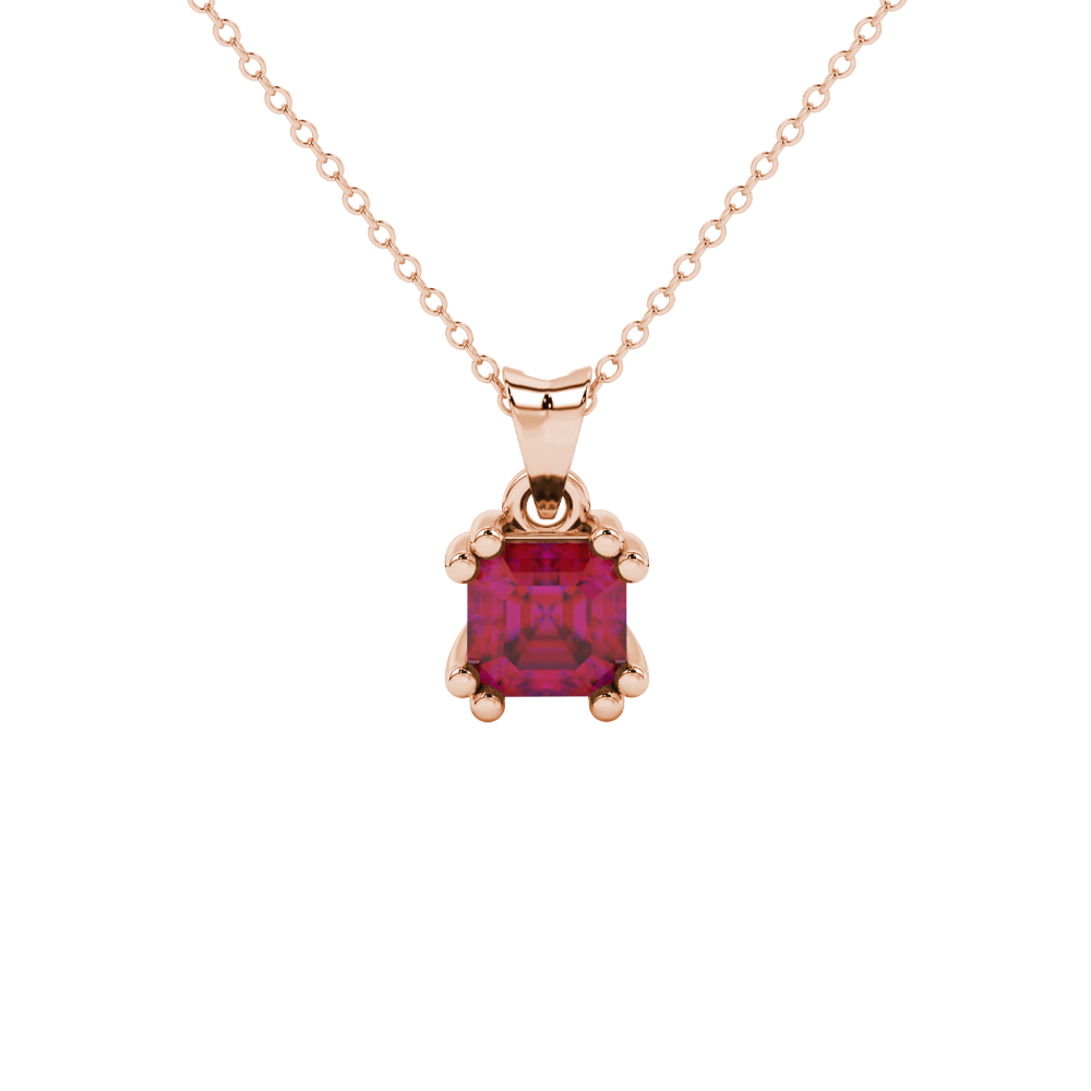 Red Asscher cut gemstone pendant in gold featuring a crown-inspired eight-prong solitaire setting