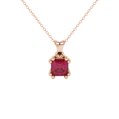 Red Asscher cut gemstone pendant in gold featuring a crown-inspired eight-prong solitaire setting