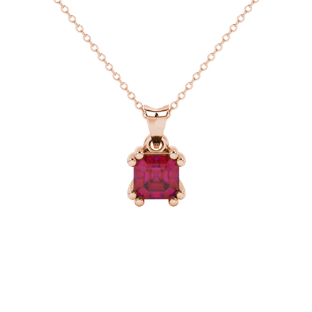 Red Asscher cut gemstone pendant in gold featuring a crown-inspired eight-prong solitaire setting