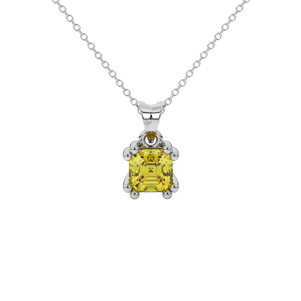 Yellow Asscher cut gemstone pendant in gold featuring a crown-inspired eight-prong solitaire setting
