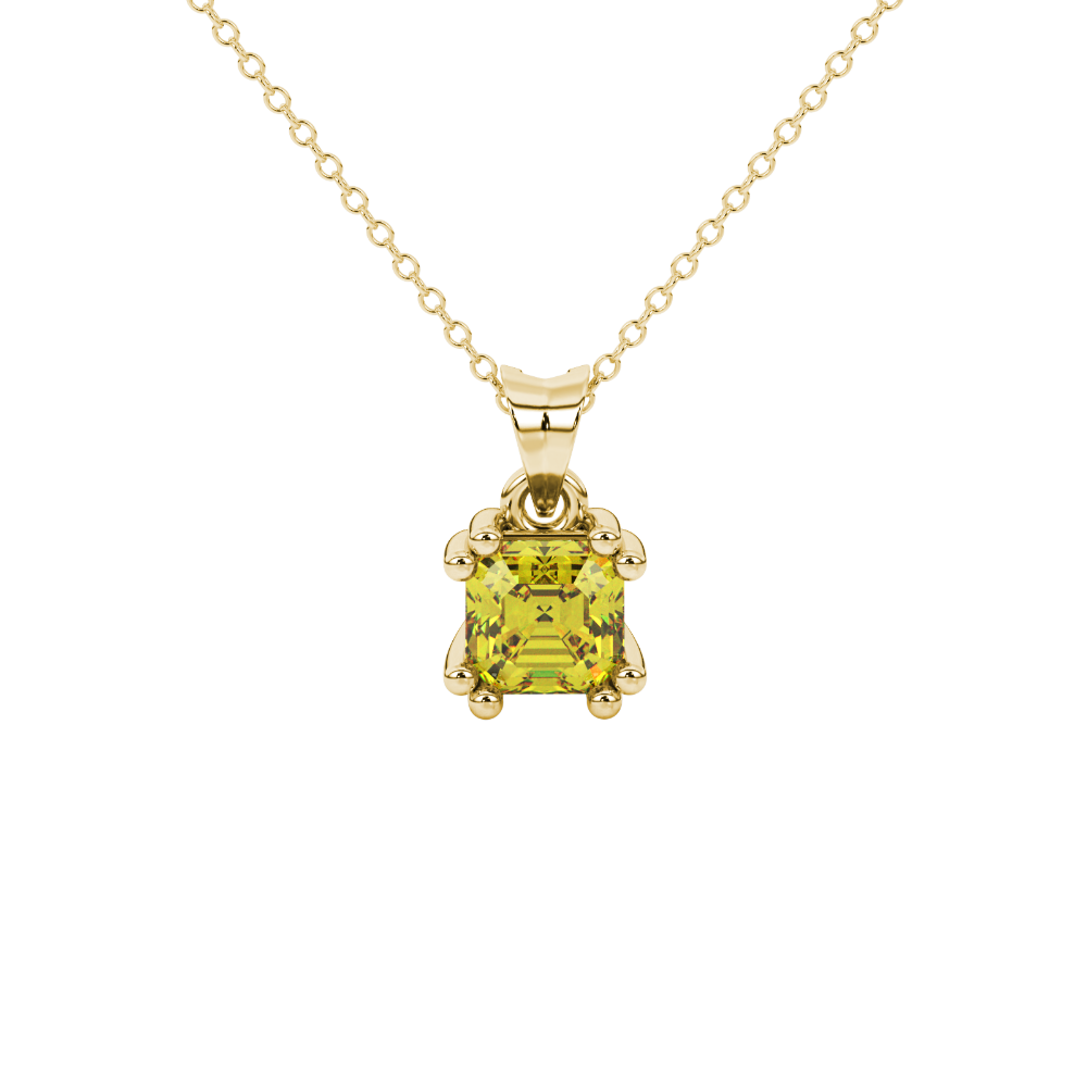 Yellow Asscher cut gemstone pendant in gold featuring a crown-inspired eight-prong solitaire setting