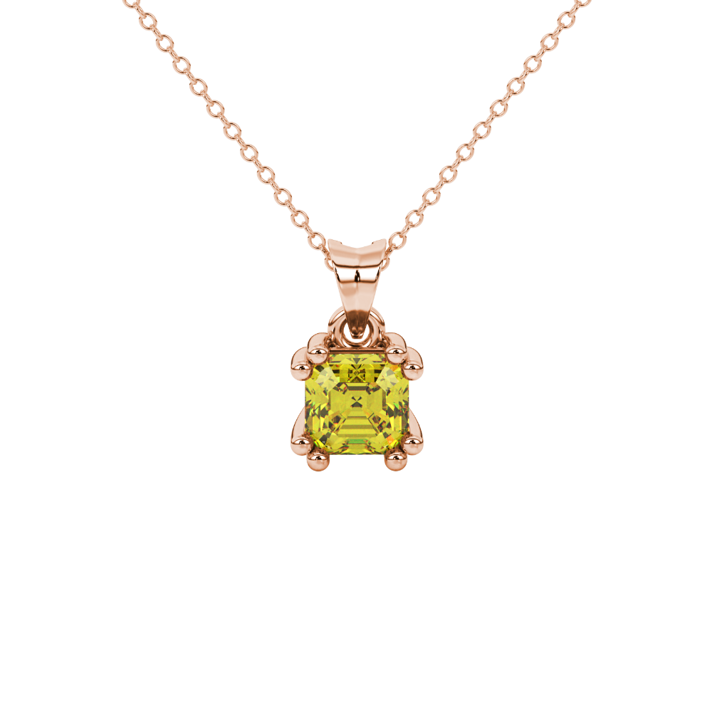 Yellow Asscher cut gemstone pendant in gold featuring a crown-inspired eight-prong solitaire setting