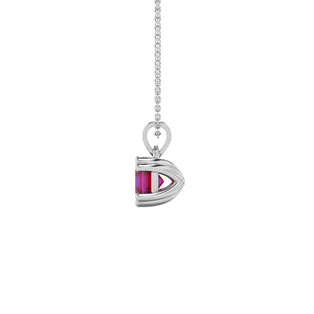 Red Asscher cut gemstone pendant in gold featuring a crown-inspired eight-prong solitaire setting