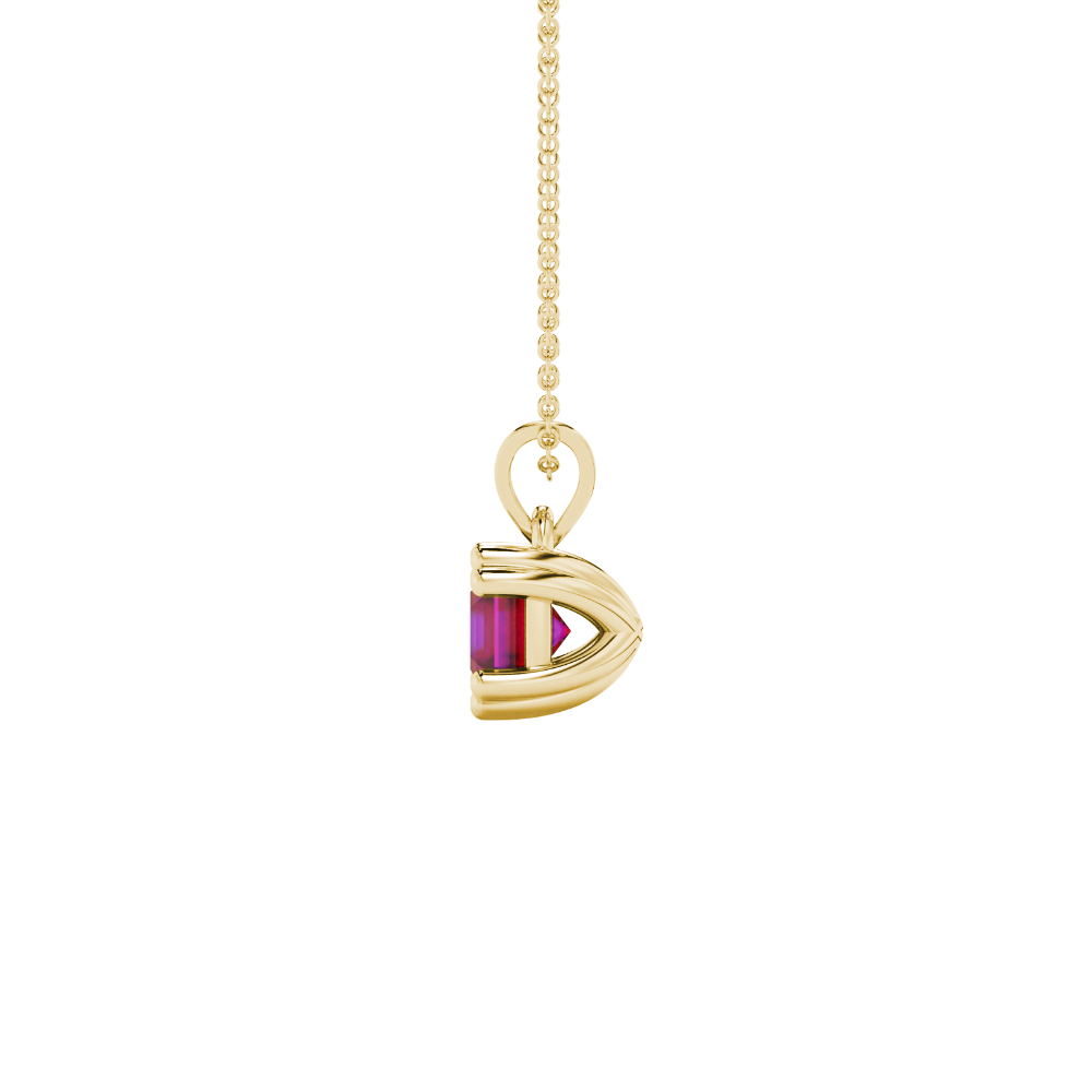 Red Asscher cut gemstone pendant in gold featuring a crown-inspired eight-prong solitaire setting