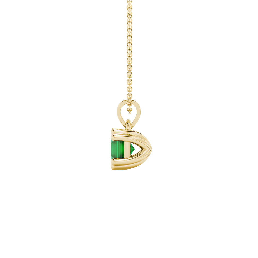 Green Asscher cut gemstone pendant in gold featuring a crown-inspired eight-prong solitaire setting