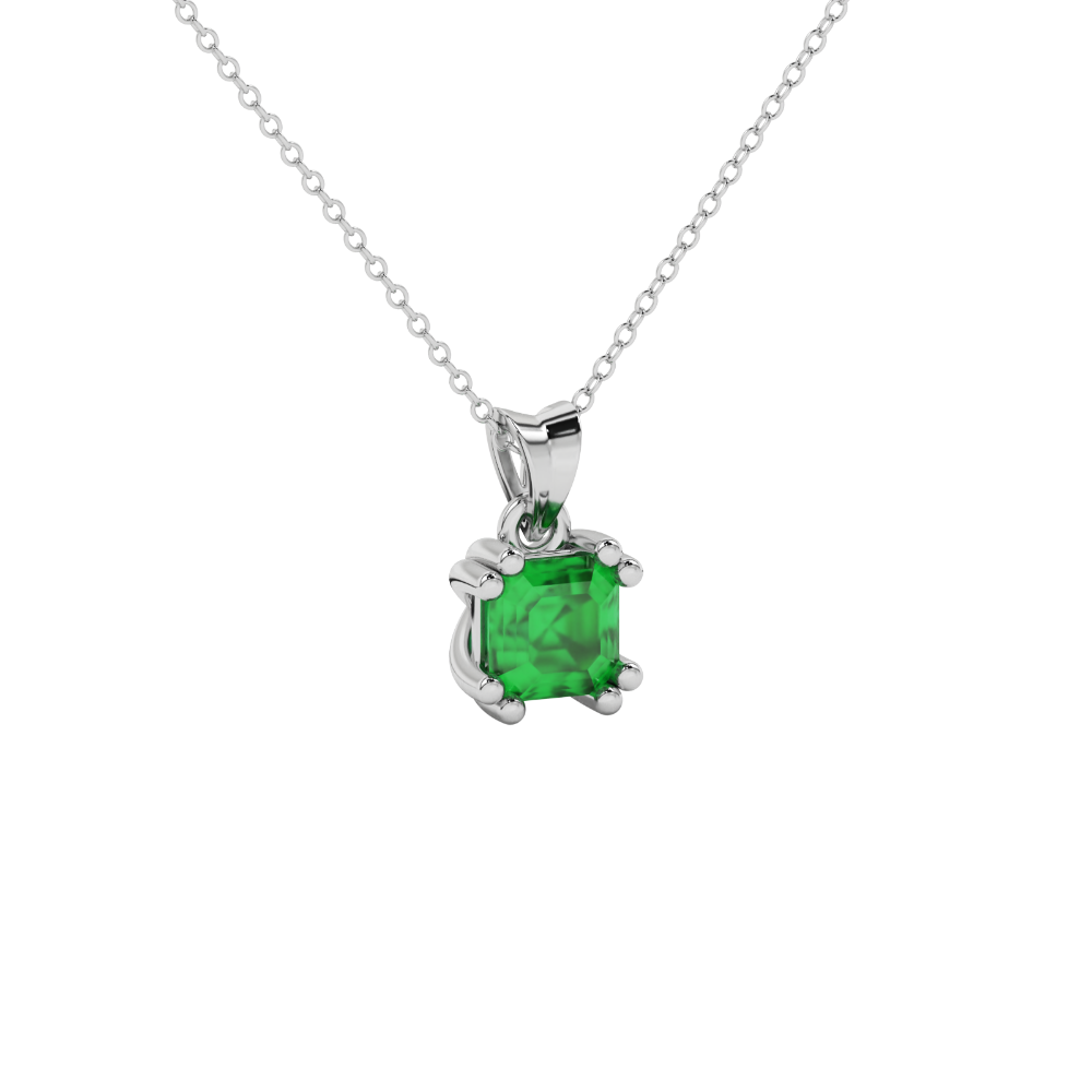 Green Asscher cut gemstone pendant in gold featuring a crown-inspired eight-prong solitaire setting