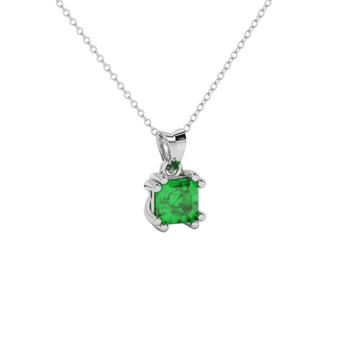 Green Asscher cut gemstone pendant in gold featuring a crown-inspired eight-prong solitaire setting