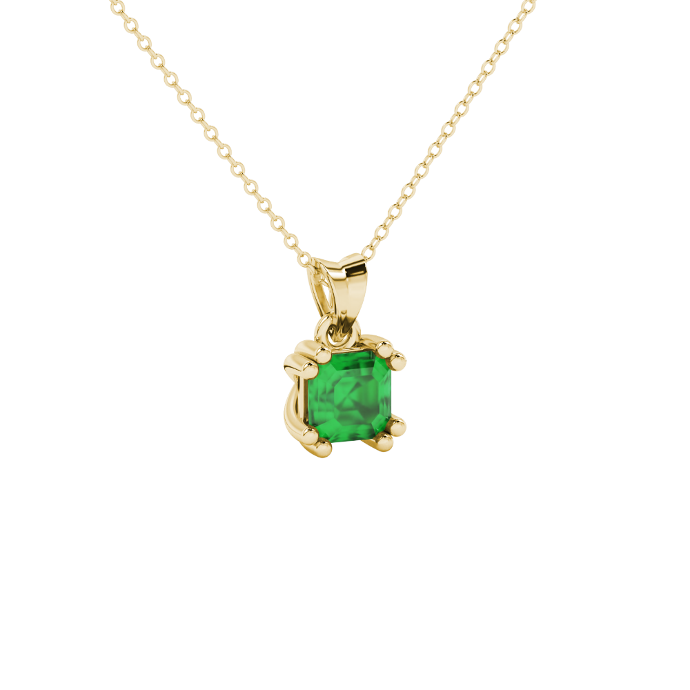 Green Asscher cut gemstone pendant in gold featuring a crown-inspired eight-prong solitaire setting