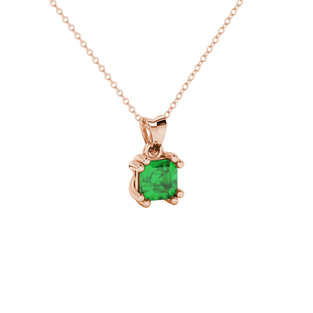 Green Asscher cut gemstone pendant in gold featuring a crown-inspired eight-prong solitaire setting