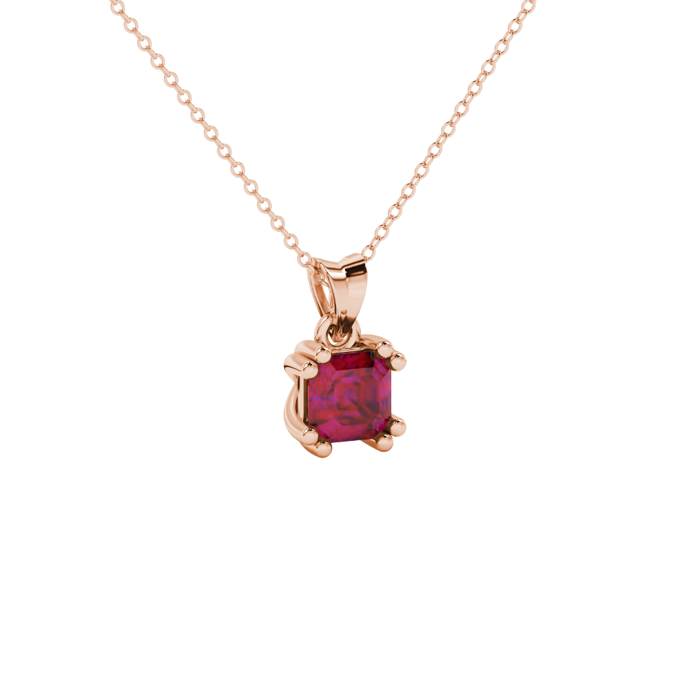 Red Asscher cut gemstone pendant in gold featuring a crown-inspired eight-prong solitaire setting