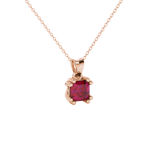 raspberry red asscher double claw gemstone pendant in rose gold