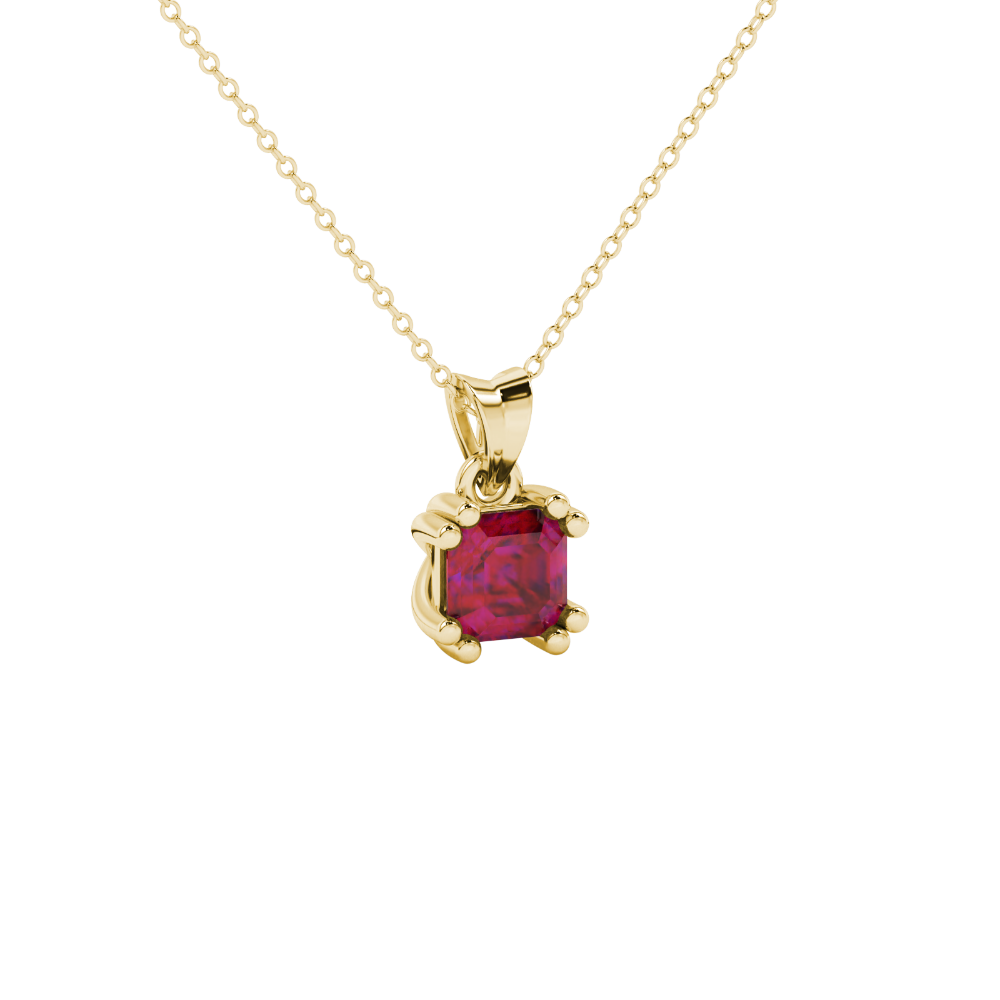 Red Asscher cut gemstone pendant in gold featuring a crown-inspired eight-prong solitaire setting