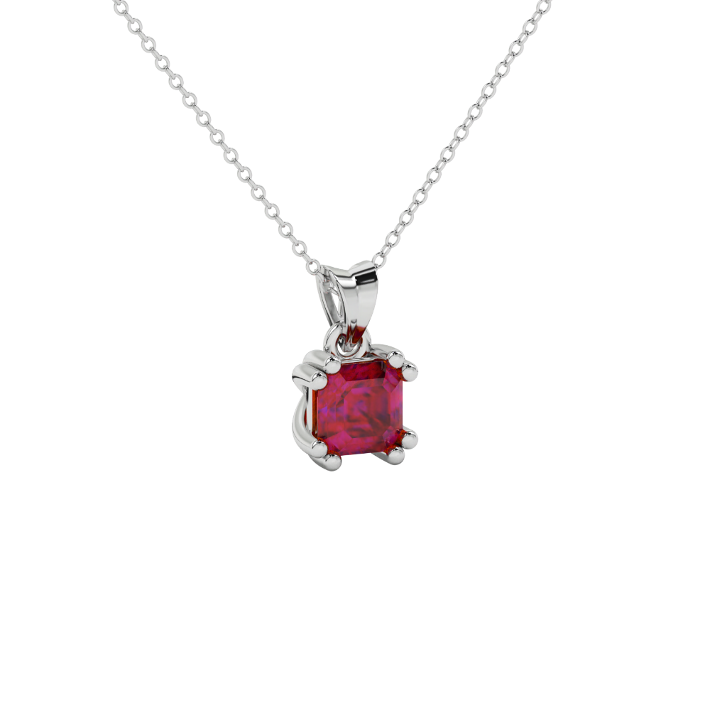 Red Asscher cut gemstone pendant in gold featuring a crown-inspired eight-prong solitaire setting