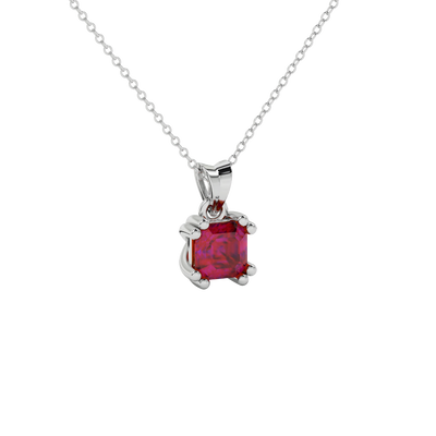 raspberry red asscher double claw gemstone pendant in white gold