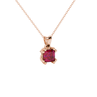 Red Asscher cut gemstone pendant in gold featuring a crown-inspired eight-prong solitaire setting