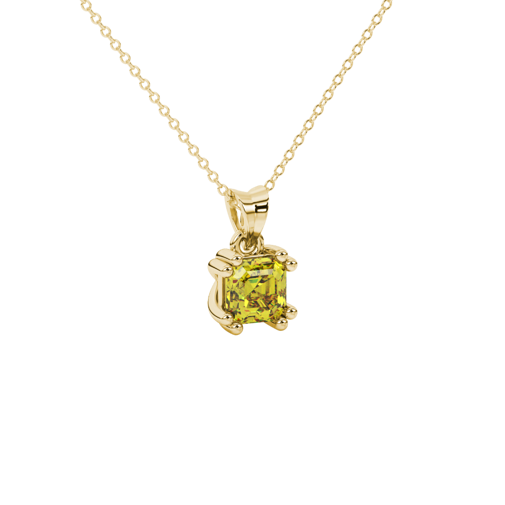 Yellow Asscher cut gemstone pendant in gold featuring a crown-inspired eight-prong solitaire setting