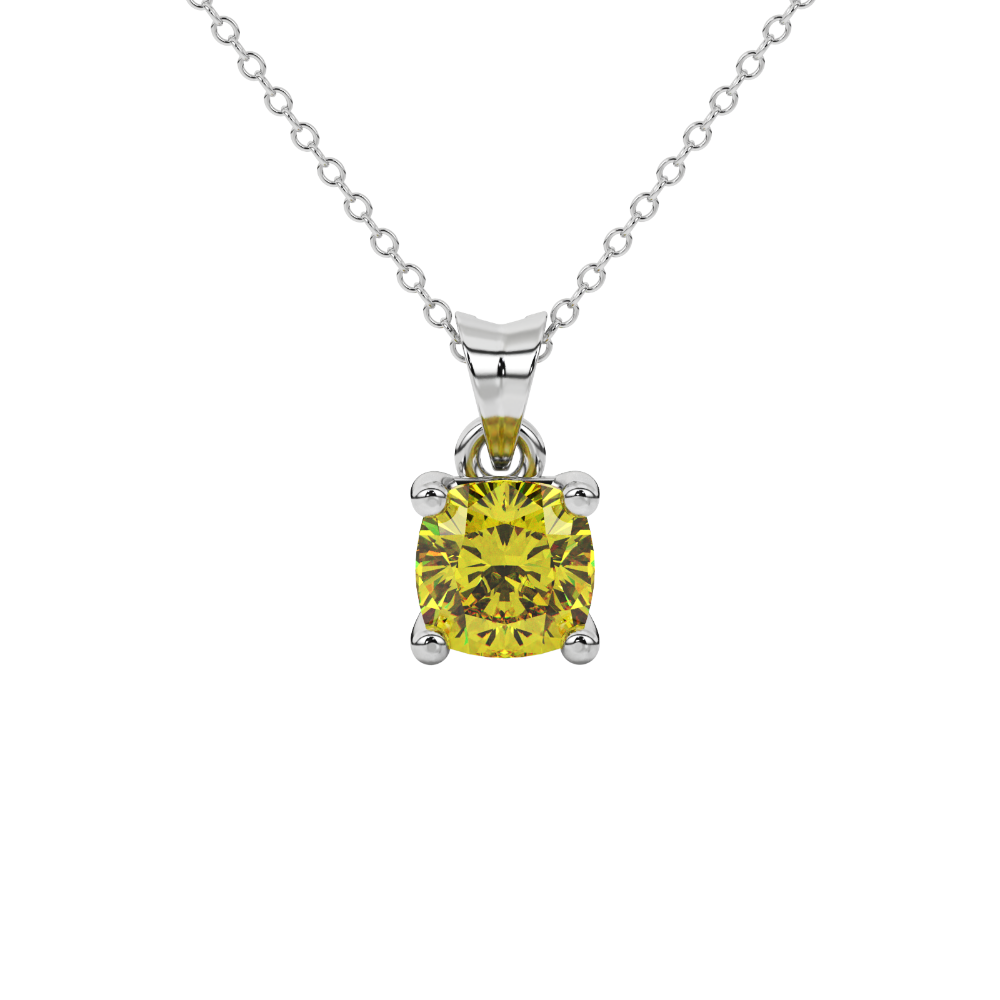 Yellow cushion cut gemstone solitaire pendant in gold featuring a refined four-prong basket setting